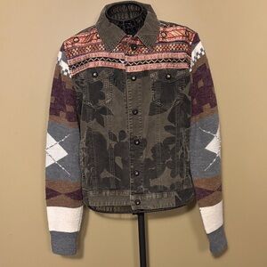 Desigual Olive Green Mixed-Media Jacket with Multicolor Knit Yoke & Sleeves